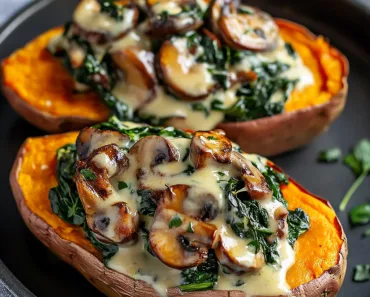Stuffed Sweet Potatoes with Creamy Mushroom & Spinach