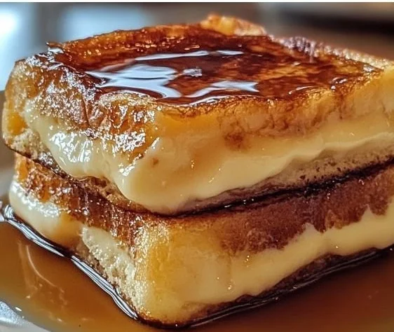Delicious crème brûlée French toast topped with caramelized sugar crust
