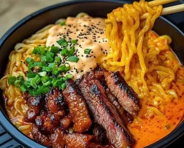 Spicy Korean Ramen with Grilled Beef & Creamy Sauce