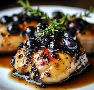 Plate of blueberry thyme chicken garnished with fresh herbs